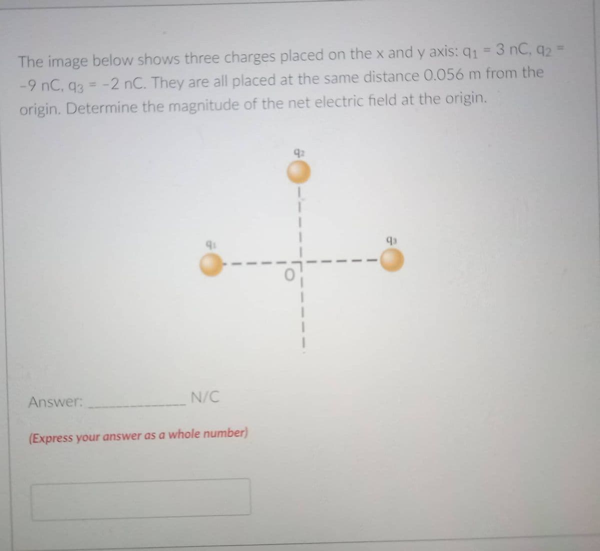 The image below shows three charges placed on the x and y axis: q1 = 3 nC, q2 =
-9 nC, q3 = -2 nC. They are all placed at the same distance 0.056 m from the
%3D
origin. Determine the magnitude of the net electric field at the origin.
92
Answer:
N/C
(Express your answer as a whole number)
