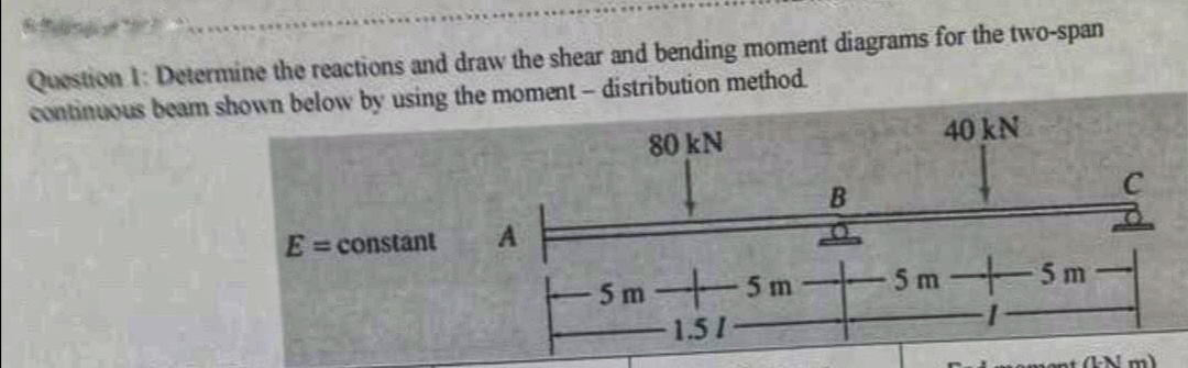 Question I: Determine the reactions and draw the shear and bending moment diagrams for the two-span
continuous beam shown below by using the moment- distribution method
80 kN
40 kN
E = constant
5m 5 m
-5m-
5 m
1.51
omont (N m)
