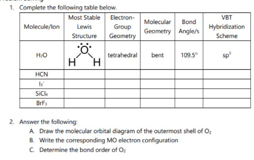1. Complete the following table below.
Most Stable Electron-
Group
VBT
Molecular
Bond
Molecule/lon
Lewis
Hybridization
Geometry Angle/s
Structure
Geometry
Scheme
bent
109.5°
sp
H:O
tetrahedral
H
H.
HCN
SiCk
BrF3
2. Answer the following:
A. Draw the molecular orbital diagram of the outermost shell of Oz
B. Write the corresponding MO electron configuration
C. Determine the bond order of O2
