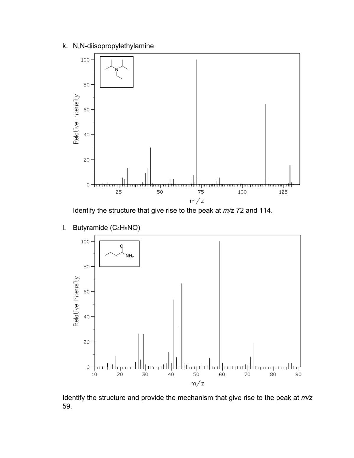 k. N,N-diisopropylethylamine
100
80
60
40
20-
25
50
75
100
125
m/z
Identify the structure that give rise to the peak at m/z 72 and 114.
I. Butyramide (C4H9NO)
100-
'NH2
80
60
40
20
10
20
30
40
50
60
70
80
90
m/z
Identify the structure and provide the mechanism that give rise to the peak at m/z
59.
Relative Intensity
Relative Intensity
