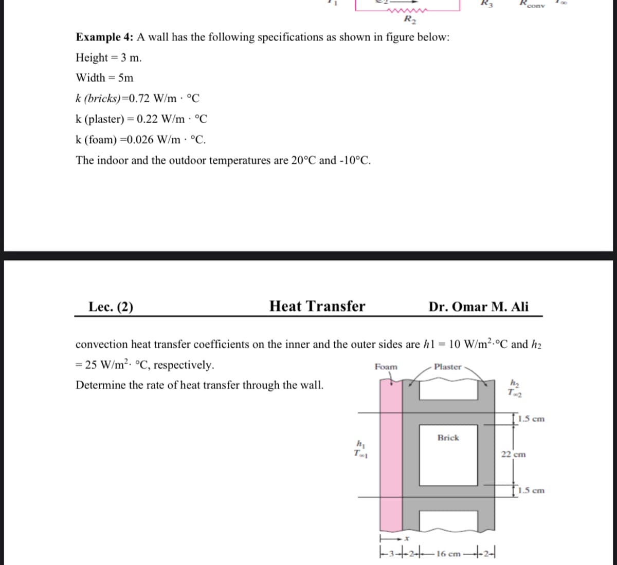 conv
R2
Example 4: A wall has the following specifications as shown in figure below:
Height = 3 m.
Width = 5m
k (bricks)=0.72 W/m · °C
k (plaster) = 0.22 W/m · °C
k (foam) =0.026 W/m · °C.
The indoor and the outdoor temperatures are 20°C and -10°C.
Lec. (2)
Heat Transfer
Dr. Omar M. Ali
convection heat transfer coefficients on the inner and the outer sides are h1 = 10 W/m².°C and h2
= 25 W/m2. °C, respectively.
Foam
Plaster
Determine the rate of heat transfer through the wall.
h2
1.5 cm
Brick
22 cm
† 1.5 cm
-3-+-2+–1
16 cm
