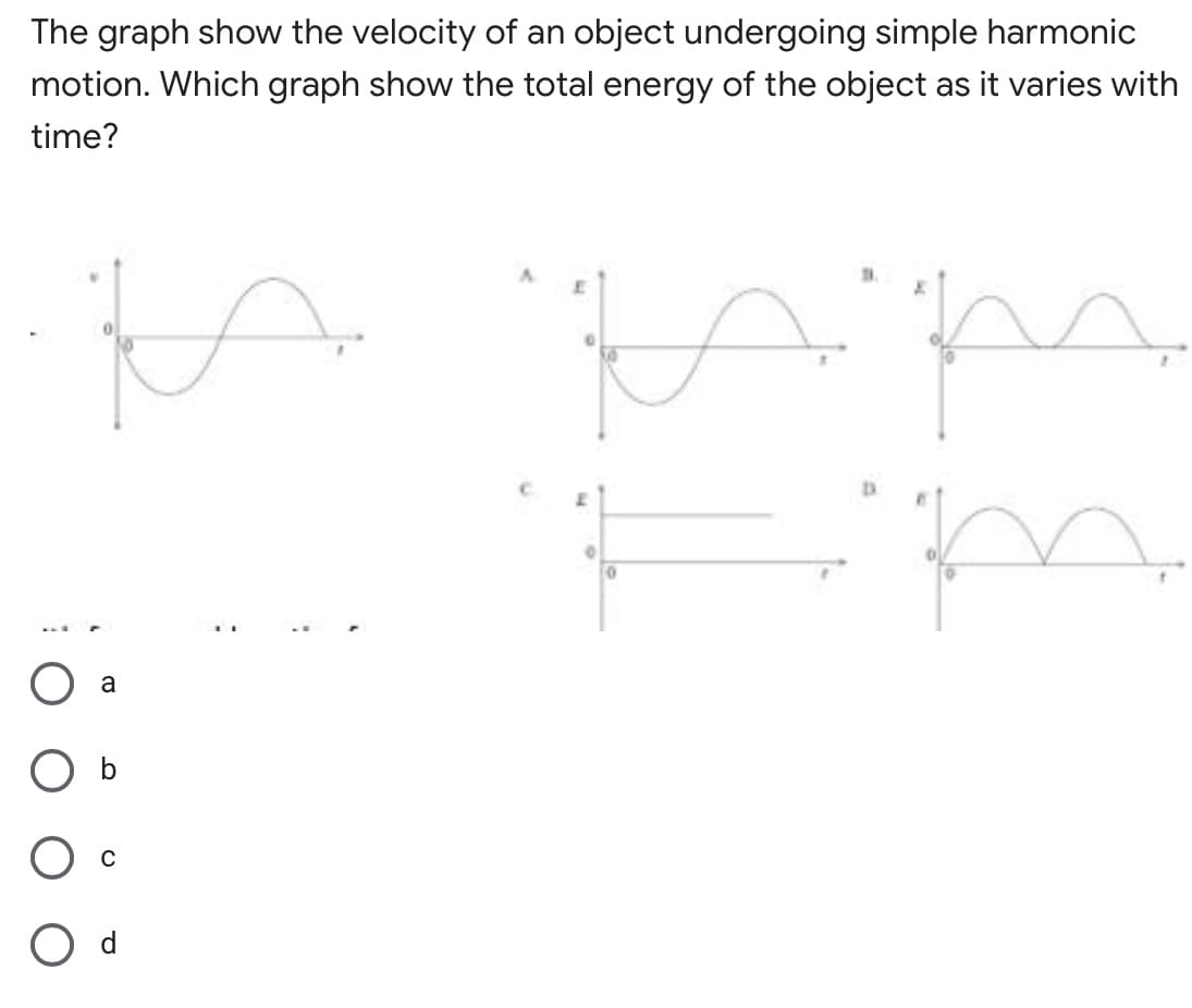 The graph show the velocity of an object undergoing simple harmonic
motion. Which graph show the total energy of the object as it varies with
time?
a
