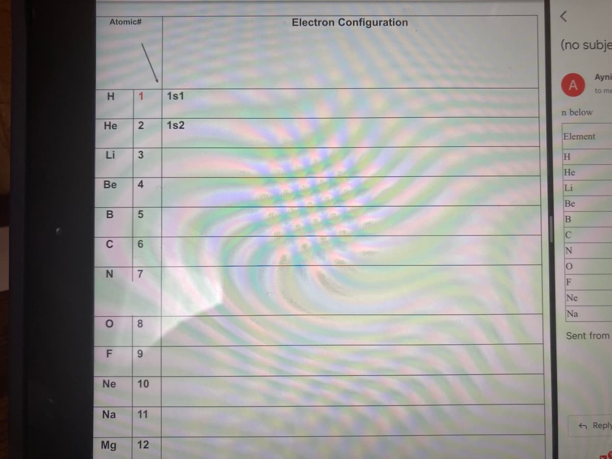 Atomic#
Electron Configuration
(no subje
Ayni
to me
1
1s1
n below
Не
1s2
Element
Li
H.
Не
Be
4
Li
Be
B
B
C
6.
N
N.
7
F
Ne
Na
8.
Sent from
9
Ne
10
Na
11
6 Reply
Mg
12
21
5
