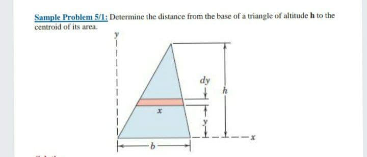 Sample Problem 5/1: Determine the distance from the base of a triangle of altitude h to the
centroid of its area.
dy
9.
