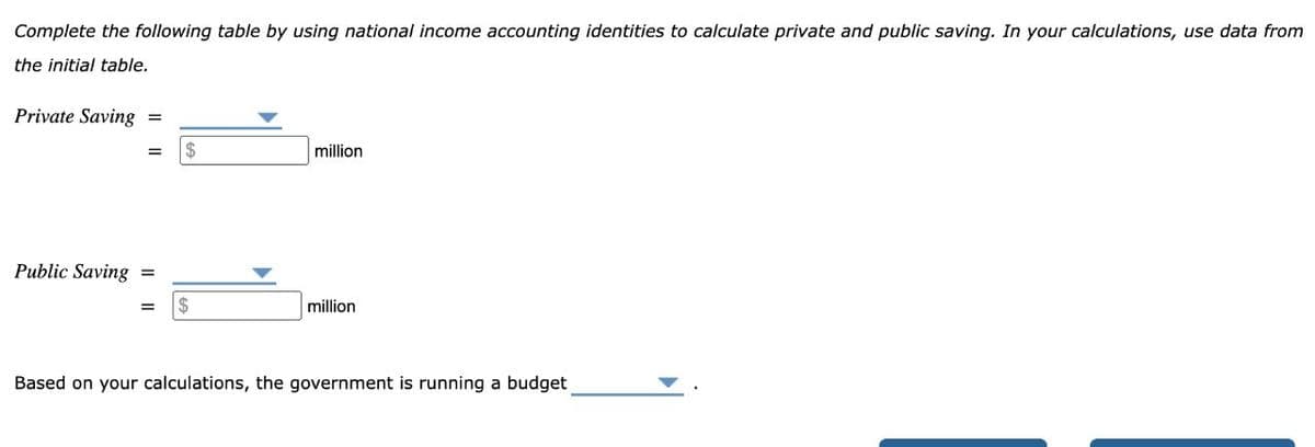 Complete the following table by using national income accounting identities to calculate private and public saving. In your calculations, use data from
the initial table.
Private Saving =
million
Public Saving =
million
Based on your calculations, the government is running a budget
