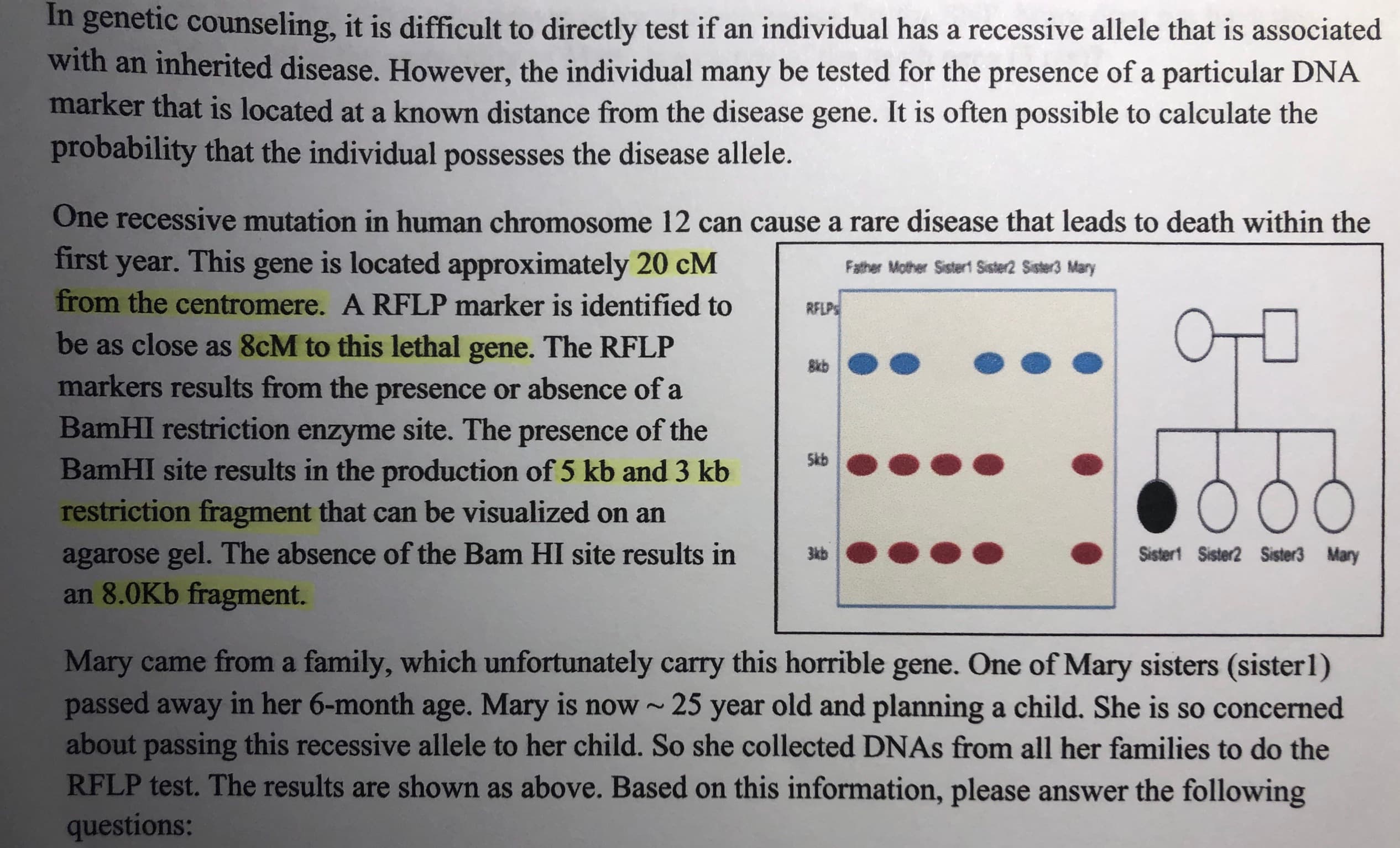 In genetic counseling, it is difficult to directly test if an individual has a recessive allele that is associated
with an inherited disease. However, the individual many be tested for the
marker that is located at a known distance from the disease gene. It is often possible to calculate the
probability that the individual possesses the disease allele.
presence of a particular DNA
One recessive mutation in human chromosome 12 can cause a rare disease that leads to death within the
first year. This
is located approximately 20 cM
from the centromere. A RFLP marker is identified to
gene
Father Mother Sister Sister2 Sister3 Mary
RFLPS
be as close as 8cM to this lethal
The RFLP
gene.
Skb
markers results from the presence or absence of a
BamHI restriction
presence of the
BamHI site results in the production of 5 kb and 3 kb
restriction fragment that can be visualized on an
site. The
enzyme
Skb
agarose gel. The absence of the Bam HI site results in
an 8.0Kb fragment.
Sistert Sister2 Sister3 Mary
3kdb
Mary came froma family, which unfortunately carry this horrible gene. One of Mary sisters (sister1)
passed away in her 6-month age. Mary is now~
about passing this recessive allele to her child. So she collected DNAS from all her families to do the
RFLP test. The results are shown as above. Based on this information, please answer the following
questions:
old and planning a child. She is so concerned
25
year
alb
