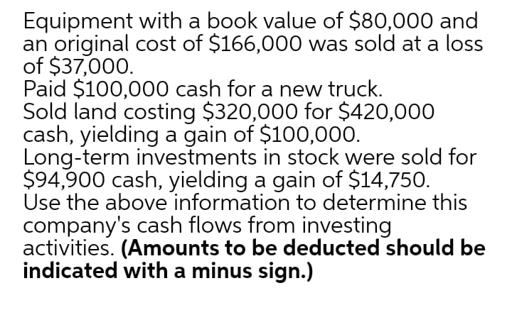 Equipment with a book value of $80,000 and
an original cost of $166,000 was sold at a loss
of $37,000.
Paid $100,000 cash for a new truck.
Sold land costing $320,000 for $420,000
cash, yielding a gain of $100,000.
Long-term investments in stock were sold for
$94,900 cash, yielding a gain of $14,750.
Use the above information to determine this
company's cash flows from investing
activities. (Amounts to be deducted should be
indicated with a minus sign.)
