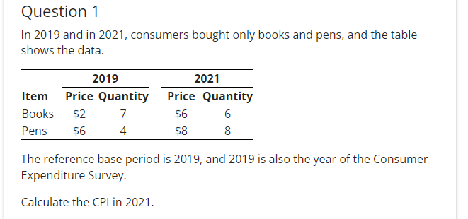 Question 1
In 2019 and in 2021, consumers bought only books and pens, and the table
shows the data.
2019
2021
Item Price Quantity Price Quantity
Books $2
7
$6
6
Pens $6
4
$8
8
The reference base period is 2019, and 2019 is also the year of the Consumer
Expenditure Survey.
Calculate the CPI in 2021.