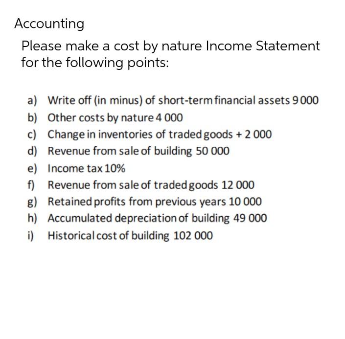 Accounting
Please make a cost by nature Income Statement
for the following points:
a) Write off (in minus) of short-term financial assets 9000
b) Other costs by nature 4 000
c) Change in inventories of traded goods + 2 000
d) Revenue from sale of building 50 000
e) Income tax 10%
f) Revenue from sale of tradedgoods 12 000
g) Retained profits from previous years 10 000
h) Accumulated depreciation of building 49 000
i) Historical cost of building 102 000
