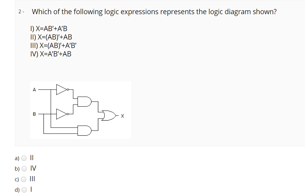 2- Which of the following logic expressions represents the logic diagram shown?
I) X=AB'+A'B
II) X=(AB)+AB
III) X=(AB)+A'B'
IV) X=A'B'+AB
A
B
a) O||
b) O IV
c) O II
d)
