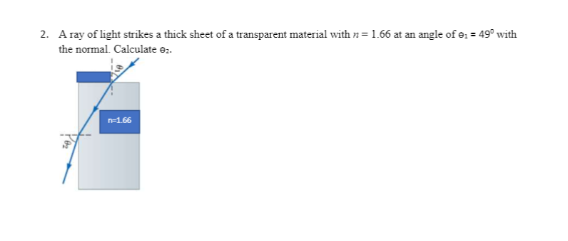 2. A ray of light strikes a thick sheet of a transparent material with n= 1.66 at an angle of e, = 49° with
the normal. Calculate e2.
n-1.66
