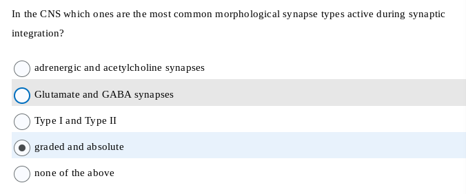 In the CNS which ones are the most common morphological synapse types active during synaptic
integration?
adrenergic and acetylcholine synapses
Glutamate and GABA synapses
Type I and Type II
graded and absolute
none of the above
