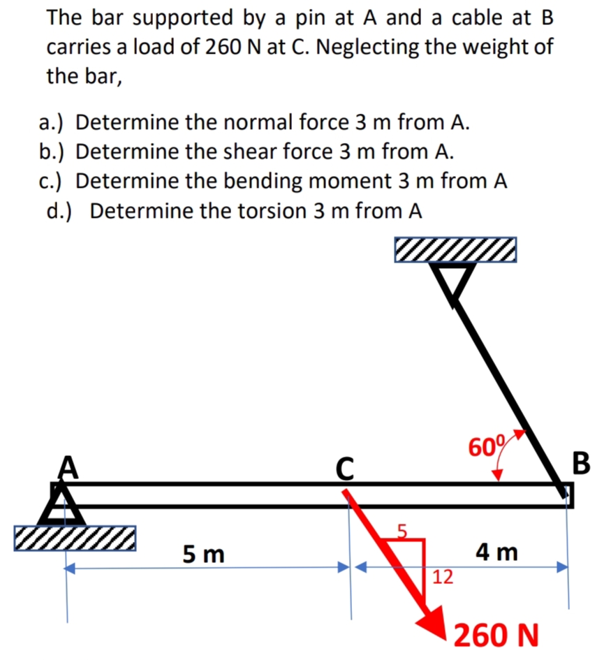 The bar supported by a pin at A and a cable at B
carries a load of 260 N at C. Neglecting the weight of
the bar,
a.) Determine the normal force 3 m from A.
b.) Determine the shear force 3 m from A.
c.) Determine the bending moment 3 m from A
d.) Determine the torsion 3 m from A
60°
C
В
5 m
4 m
12
260 N
