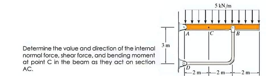 5 kN/m
IC
B
3 m
Determine the value and direction of the internal
normal force, shear force, and bending moment
at point C in the beam as they act on section
АС.
D.
-2 m2 m-
-2 m-
