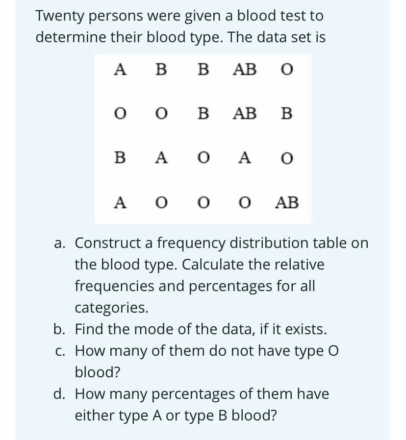 Twenty persons were given a blood test to
determine their blood type. The data set is
A
А в В
B
АВ О
о о в
АВ В
В
A
A
A O O 0
А
О АВ
a. Construct a frequency distribution table on
the blood type. Calculate the relative
frequencies and percentages for all
categories.
b. Find the mode of the data, if it exists.
C. How many of them do not have type O
blood?
d. How many percentages of them have
either type A or type B blood?
