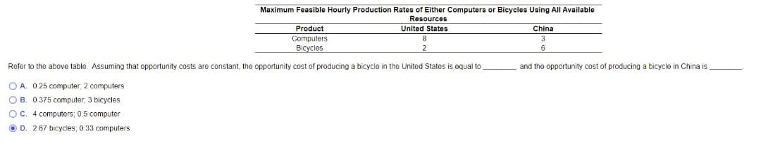 Maximum Feasible Hourly Production Rates of Either Computers or Bicycles Using All Available
Resources
Product:
United States
China
Computers
Bicycles
3
6
Refer to the above table. Assuming that opportunity costs are constant, the opportunity cost of producing a bicycle in the United States is equal to
and the opportunity cost of producing a bicycle in China is
O A. 0 25 computer, 2 computers
O B. 0.375 computer; 3 bicycles
OC. 4 computers; 0.5 computer
O D. 267 bicycles; 0.33 computers

