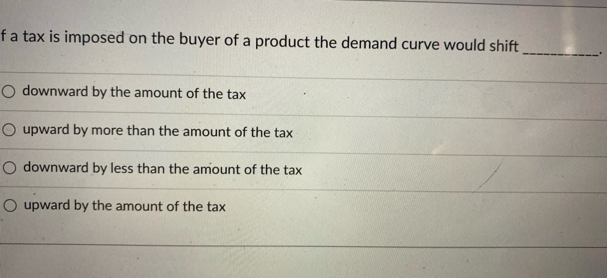 fa tax is imposed on the buyer of a product the demand curve would shift
O downward by the amount of the tax
O upward by more than the amount of the tax
O downward by less than the amount of the tax
O upward by the amount of the tax

