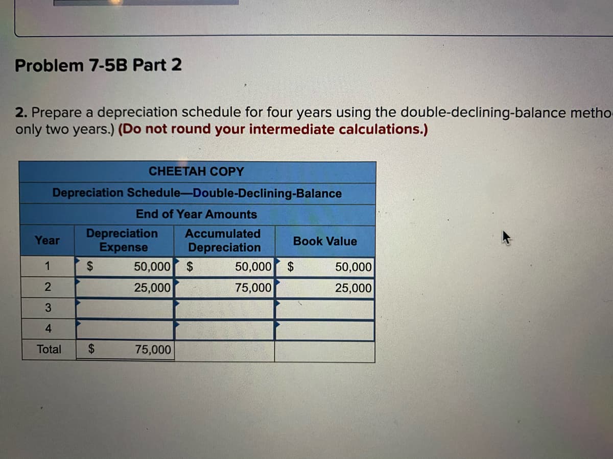 Problem 7-5B Part 2
2. Prepare a depreciation schedule for four years using the double-declining-balance metho
only two years.) (Do not round your intermediate calculations.)
CHEETAH COPY
Depreciation Schedule-Double-Declining-Balance
End of Year Amounts
Depreciation
Expense
Accumulated
Year
Book Value
Depreciation
1
2$
50,000
2$
50,000
2$
50,000
2
25,000
75,000
25,000
4
Total
2$
75,000
