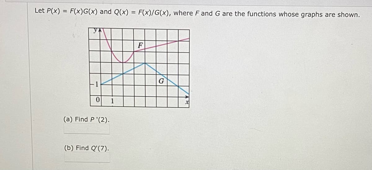Let P(x) = F(x)G(x) and Q(x)
: F(x)/G(x), where F and G are the functions whose graphs are shown.
F
1
(a) Find P '(2).
(b) Find Q'(7).

