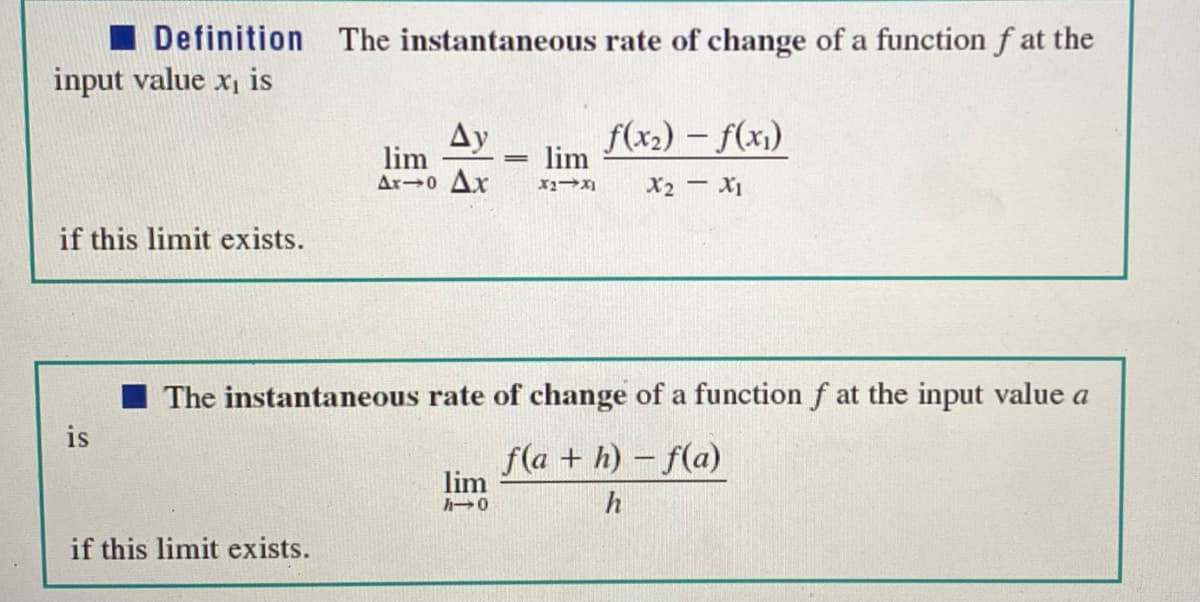 I Definition
input value x, is
The instantaneous rate of change of a function f at the
Ay
lim
Ar 0 Ax
f(x2) – f(x)
lim
X2 - X1
if this limit exists.
I The instantaneous rate of change of a function f at the input value a
is
f(a + h) f(a)
lim
h0
h
if this limit exists.
