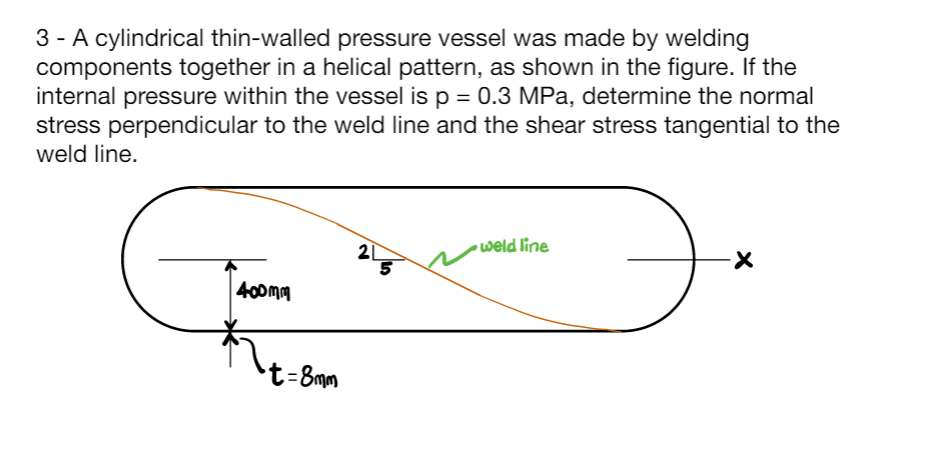 3- A cylindrical thin-walled pressure vessel was made by welding
components together in a helical pattern, as shown in the figure. If the
internal pressure within the vessel is p = 0.3 MPa, determine the normal
stress perpendicular to the weld line and the shear stress tangential to the
weld line.
400mm
t=8mm
20
5
weld line
-X