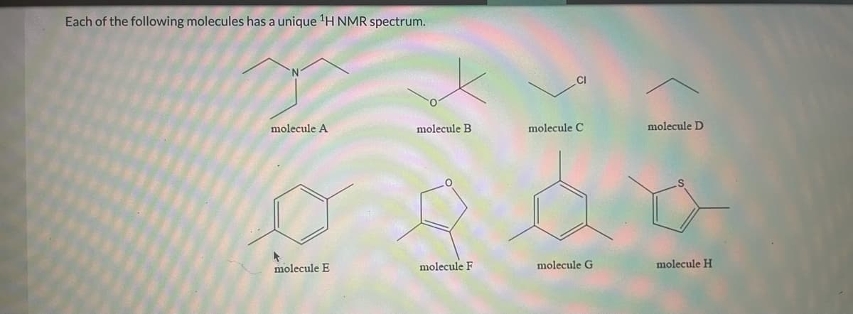 Each of the following molecules has a unique 'H NMR spectrum.
CI
molecule A
molecule B
molecule C
molecule D
molecule E
molecule F
molecule G
molecule H
