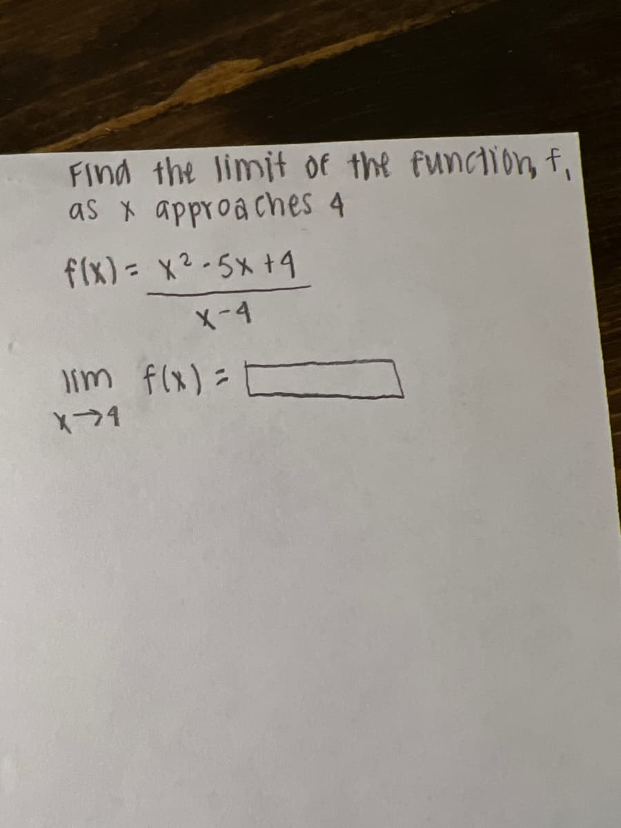 Find the limit Of the function, f,
as x approaches 4
fix)- x2-5x +4
X-4
im f(x) =

