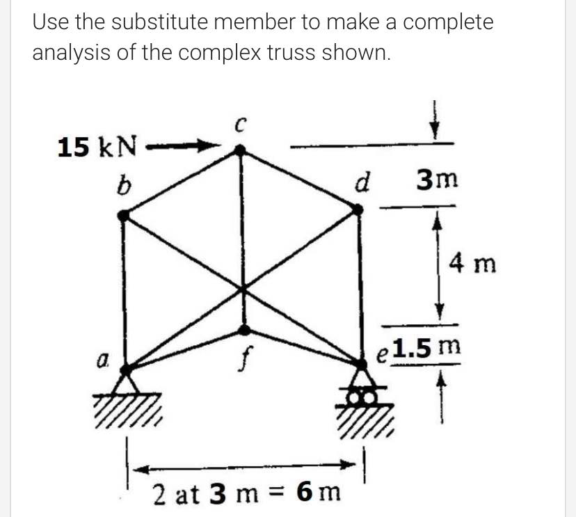 Use the substitute member to make a complete
analysis of the complex truss shown.
15 kN -
d
3m
4 m
e1.5 m
a.
2 at 3 m = 6 m
%3D
