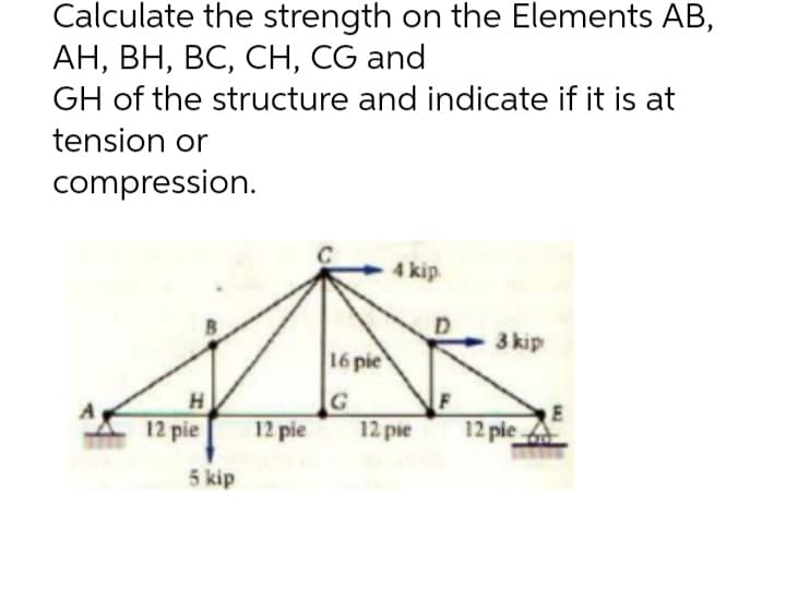 Calculate the strength on the Elements AB,
АН, ВН, ВС, СH, CG and
GH of the structure and indicate if it is at
tension or
compression.
4 kip
3 kip
16 pie
H
G
12 pie
12 pie
12 pie
12 pie
5 kip
