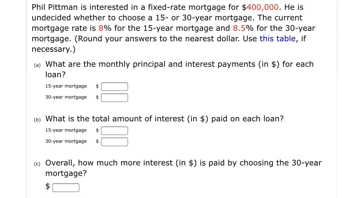 Phil Pittman is interested in a fixed-rate mortgage for $400,000. He is
undecided whether to choose a 15- or 30-year mortgage. The current
mortgage rate is 8% for the 15-year mortgage and 8.5% for the 30-year
mortgage. (Round your answers to the nearest dollar. Use this table, if
necessary.)
(a) What are the monthly principal and interest payments (in $) for each
loan?
15-year mortgage
$
30-year mortgage
2$
(b) What is the total amount of interest (in $) paid on each loan?
15-year mortgage
$
30-year mortgage
$
(c) Overall, how much more interest (in $) is paid by choosing the 30-year
mortgage?
2$
