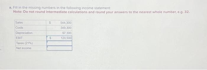 a. Fill in the missing numbers in the following income statement:
Note: Do not round intermediate calculations and round your answers to the nearest whole number, e.g. 32.
Sales
Costs
Depreciation
EBIT
Taxes (21%)
Net income
$
$
544,300
349,300
97,300
120,500