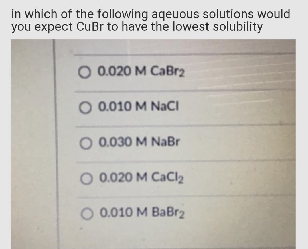 in which of the following aqeuous solutions would
you expect CuBr to have the lowest solubility
O 0.020 M CaBr2
O 0.010 M NaCI
O 0.030 M NaBr
O 0.020 M CaCl2
O 0.010 M BaBr2
