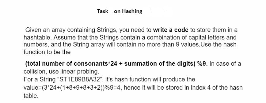 Task on Hashing
Given an array containing Strings, you need to write a code to store them in a
hashtable. Assume that the Strings contain a combination of capital letters and
numbers, and the String array will contain no more than 9 values.Use the hash
function to be the
(total number of consonants*24 + summation of the digits) %9. In case of a
collision, use linear probing.
For a String "ST1E89B8A32", it's hash function will produce the
value=(3*24+(1+8+9+8+3+2))%9=4, hence it will be stored in index 4 of the hash
table.

