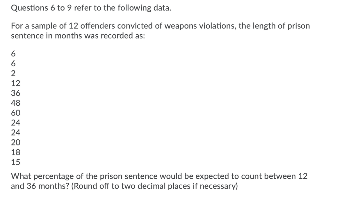 Questions 6 to 9 refer to the following data.
For a sample of 12 offenders convicted of weapons violations, the length of prison
sentence in months was recorded as:
6
6
2
12
36
48
60
24
24
20
18
15
What percentage of the prison sentence would be expected to count between 12
and 36 months? (Round off to two decimal places if necessary)
