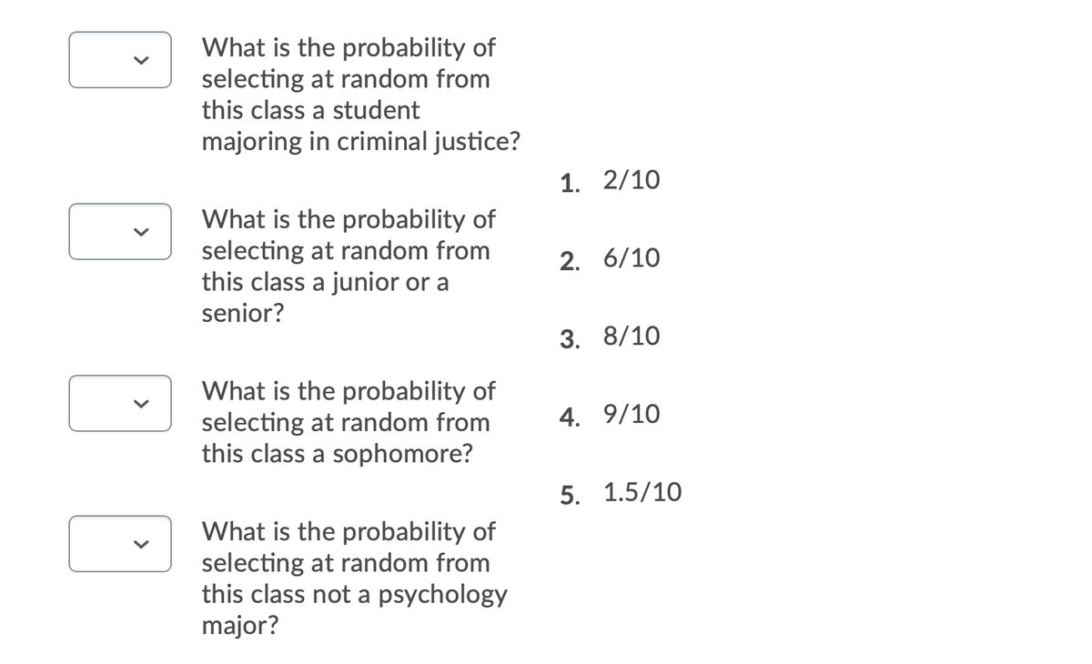 What is the probability of
selecting at random from
this class a student
majoring in criminal justice?
1. 2/10
What is the probability of
selecting at random from
this class a junior or a
2. 6/10
senior?
3. 8/10
What is the probability of
selecting at random from
this class a sophomore?
4. 9/10
5. 1.5/10
What is the probability of
selecting at random from
this class not a psychology
major?
