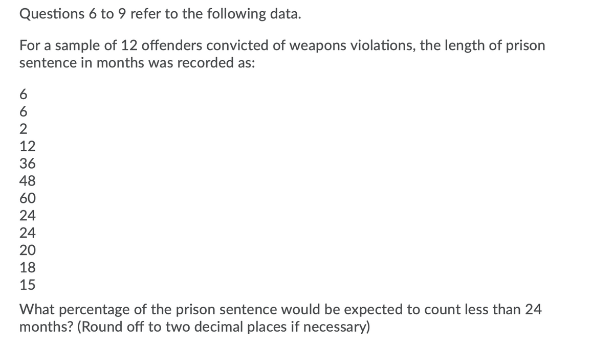 Questions 6 to 9 refer to the following data.
For a sample of 12 offenders convicted of weapons violations, the length of prison
sentence in months was recorded as:
6
6
2
12
36
48
60
24
24
20
18
15
What percentage of the prison sentence would be expected to count less than 24
months? (Round off to two decimal places if necessary)

