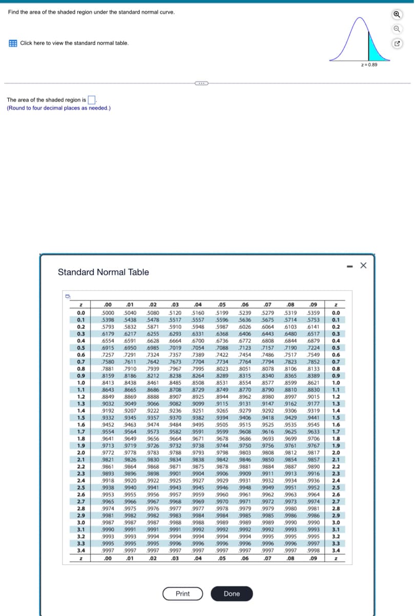 Find the area of the shaded region under the standard normal curve.
Click here to view the standard normal table
The area of the shaded region is
(Round to four decimal places as needed.)
Standard Normal Table
8888888888²=***********************
5438
5832
6255
Print
CDD
Done
|
6141
.6443 6480 6517
.6879
do
7704 7823 7952 07
8078 8106 8133
8340 8365
8577 8599
8790 8810 8830 1.1
89979012
.999
===
ww
z = 0.89
X
o o