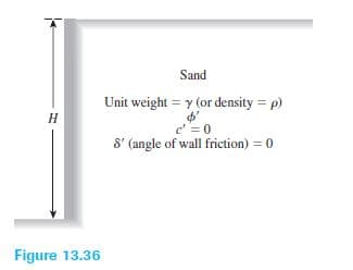 Sand
Unit weight = y (or density = p)
H
c' = 0
8' (angle of wall friction) = 0
Figure 13.36
