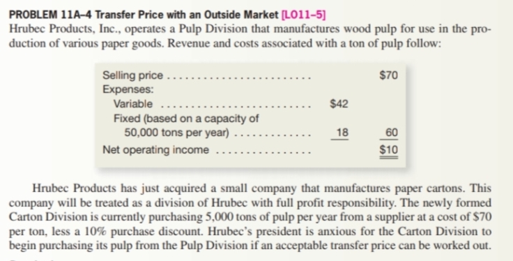 PROBLEM 11A-4 Transfer Price with an Outside Market [LO11-5]
Hrubec Products, Inc., operates a Pulp Division that manufactures wood pulp for use in the pro-
duction of various paper goods. Revenue and costs associated with a ton of pulp follow:
Selling price .
Expenses:
$70
Variable ..
$42
Fixed (based on a capacity of
50,000 tons per year) .
18
60
Net operating income
$10
Hrubec Products has just acquired a small company that manufactures paper cartons. This
company will be treated as a division of Hrubec with full profit responsibility. The newly formed
Carton Division is currently purchasing 5,000 tons of pulp per year from a supplier at a cost of $70
per ton, less a 10% purchase discount. Hrubec's president is anxious for the Carton Division to
begin purchasing its pulp from the Pulp Division if an acceptable transfer price can be worked out.
