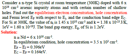 Consider a n-type Si crystal at room temperature (300K) doped with 6 x
1016 cm3 arsenic impurity atoms and with certain number of shallow
holes. Find out the equilibrium electron concentration, hole concentration
and Fermi level EF with respect to E and the conduction band edge Ec.
For Si at 300K, the value of n; is 1.45 x 1010 cm3 and k =1.38 x 10-23 J/K,
lev =1.60 x 10-19J. The band gap energy, E, of Si is 1.2eV.
Solution:
n= Nd = 6 x 1016 cm³.
In equilibrium condition, hole concentration = 3.5 x 103 cm3.
EF - E1 = 0.396eV
Ec - EF = 0.164eV.
