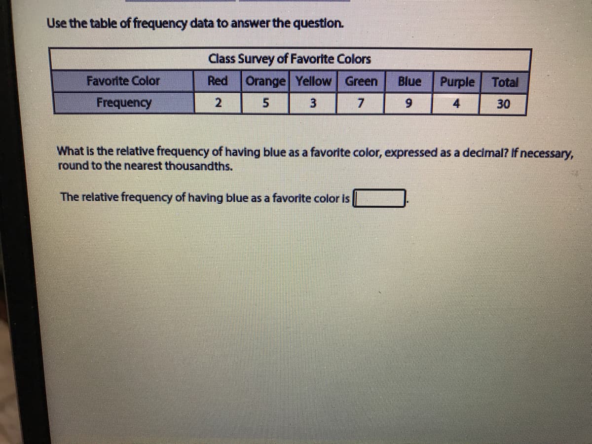 Use the table of frequency data to answer the question.
Class Survey of Favorite Colors
Favorite Color
Red
Orange Yellow Green
Blue
Purple
Total
Frequency
2
5.
3
7.
4
30
What is the relative frequency of having blue as a favorite color, expressed as a decimal? If necessary,
round to the nearest thousandths.
The relative frequency of having blue as a favorite color is
