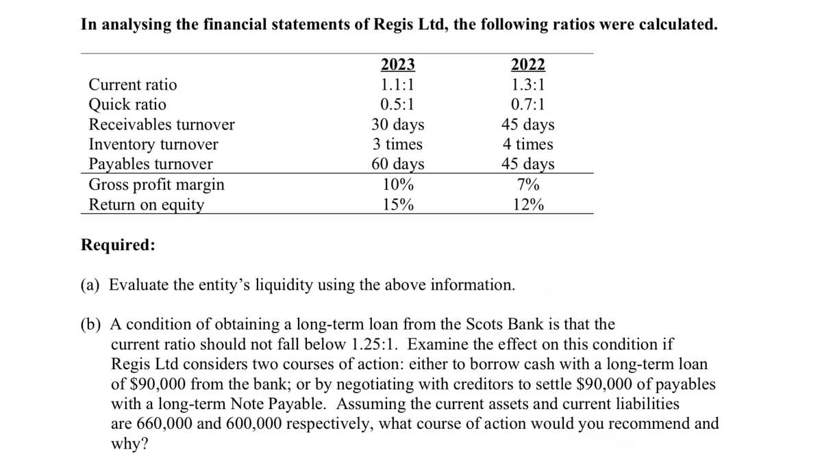 In analysing the financial statements of Regis Ltd, the following ratios were calculated.
Current ratio
Quick ratio
Receivables turnover
Inventory turnover
Payables turnover
Gross profit margin
Return on equity
Required:
2023
1.1:1
0.5:1
30 days
3 times
60 days
10%
15%
2022
1.3:1
0.7:1
45 days
4 times
45 days
7%
12%
(a) Evaluate the entity's liquidity using the above information.
(b) A condition of obtaining a long-term loan from the Scots Bank is that the
current ratio should not fall below 1.25:1. Examine the effect on this condition if
Regis Ltd considers two courses of action: either to borrow cash with a long-term loan
of $90,000 from the bank; or by negotiating with creditors to settle $90,000 of payables
with a long-term Note Payable. Assuming the current assets and current liabilities
are 660,000 and 600,000 respectively, what course of action would you recommend and
why?