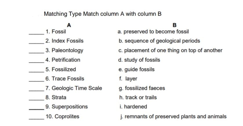 Matching Type Match column A with column B
A
в
1. Fossil
a. preserved to become fossil
2. Index Fossils
b. sequence of geological periods
c. placement of one thing on top of another
d. study of fossils
3. Paleontology
4. Petrification
5. Fossilized
e. guide fossils
6. Trace Fossils
f. layer
7. Geologic Time Scale
g. fossilized faeces
8. Strata
h. track or trails
9. Superpositions
i. hardened
10. Coprolites
j. remnants of preserved plants and animals
