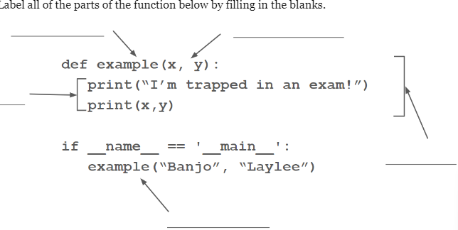 Label all of the parts of the function below by filling in the blanks.
def example(x, y):
|print("I'm trapped in an exam!")
_print (x,y)
if
name
'_main
example ("Banjo", "Laylee")
