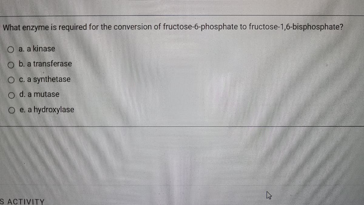 What enzyme is required for the conversion of fructose-6-phosphate to fructose-1,6-bisphosphate?
O a.a kinase
o b.a transferase
O c.a synthetase
d. a mutase
o e.a hydroxylase
S ACTIVITY
