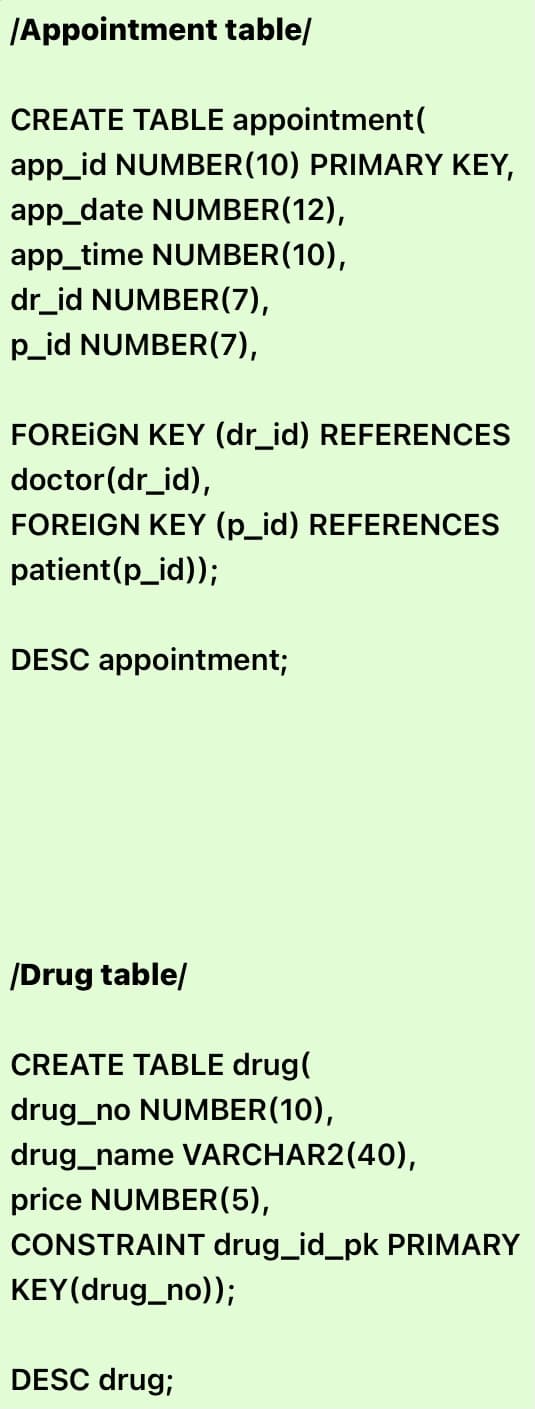 |Appointment table/
CREATE TABLE appointment(
app_id NUMBER(10) PRIMARY KEY,
app_date NUMBER(12),
app_time NUMBER(10),
dr_id NUMBER(7),
p_id NUMBER(7),
FOREIGN KEY (dr_id) REFERENCES
doctor(dr_id),
FOREIGN KEY (p_id) REFERENCES
patient(p_id));
DESC appointment;
/Drug table/
CREATE TABLE drug(
drug_no NUMBER(10),
drug_name VARCHAR2(40),
price NUMBER(5),
CONSTRAINT drug_id_pk PRIMARY
KEY(drug_no));
DESC drug;
