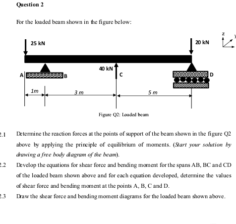 Question 2
For the loaded beam shown in the figure below:
25 kN
20 kN
40 kN
IB
D
1m
3 m
5 m
Figure Q2: Loaded beam
2.1
Determine the reaction forces at the points of support of the beam shown in the figure Q2
above by applying the principle of equilibrium of moments. (Start your solution by
drawing a free body diagram of the beam).
2.2
Develop the equations for shear force and bending moment for the spans AB, BC and CD
of the loaded beam shown above and for each equation developed, determine the values
of shear force and bending moment at the points A, B, C and D.
2.3
Draw the shear force and bending moment diagrams for the loaded beam shown above.
