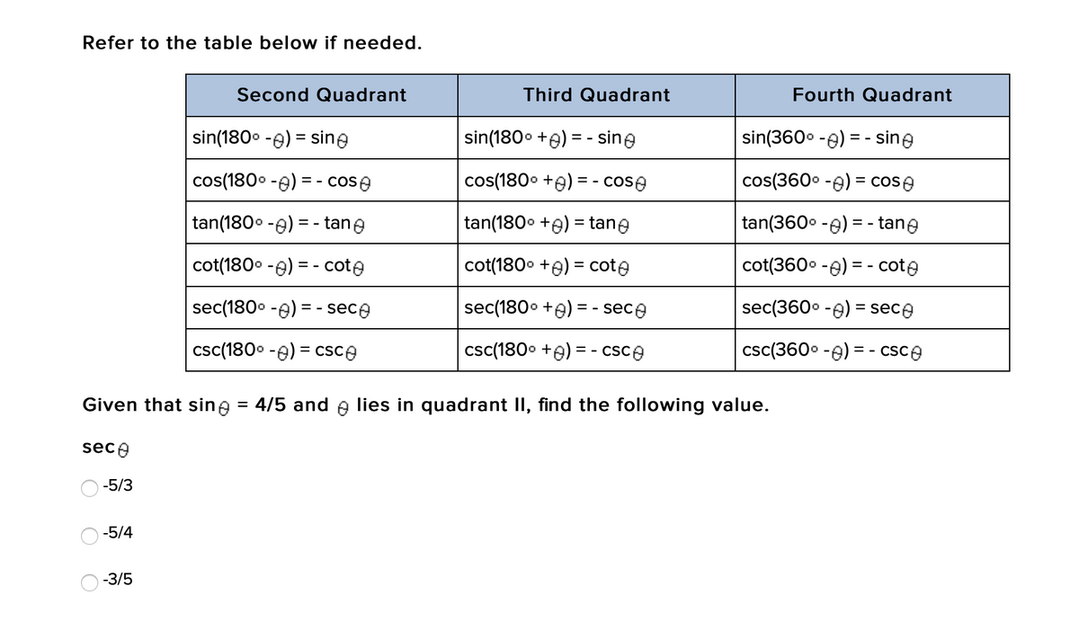 Refer to the table below if needed.
Second Quadrant
Third Quadrant
Fourth Quadrant
sin(1800 -e) = sine
sin(1800 +9) = - sine
sin(360. -e) = - sine
cos(180° -e) = - cose
cos(1800 +e) = - cose
cos(360° -e) = cose
tan(180. -e) = - tane
tan(180° +e) = tane
tan(360. -e) = - tane
cot(180° -e) = - cote
cot(1800 +e) = cote
cot(360° -e) = - cote
sec(1800 -e) = - sece
sec(1800 +e) = - sece
sec(3600 -e) = sece
csc(1800 -e) = csce
csc(1800 +e) = - csce
csc(360. -e) = - csce
Given that sine = 4/5 and e lies in quadrant II, find the following value.
%3D
sece
-5/3
-5/4
-3/5
