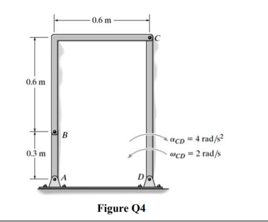 0.6 m
0.6 m
B
acD = 4 rad/s²
wCD = 2 rad/s
0.3 m
Figure Q4
