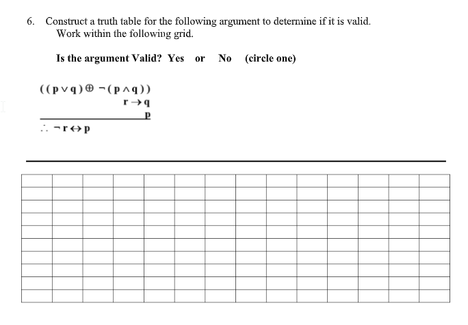 6. Construct a truth table for the following argument to determine if it is valid.
Work within the following grid.
Is the argument Valid? Yes or No (circle one)
((p vq) ® -(p^))
:: -r+p
